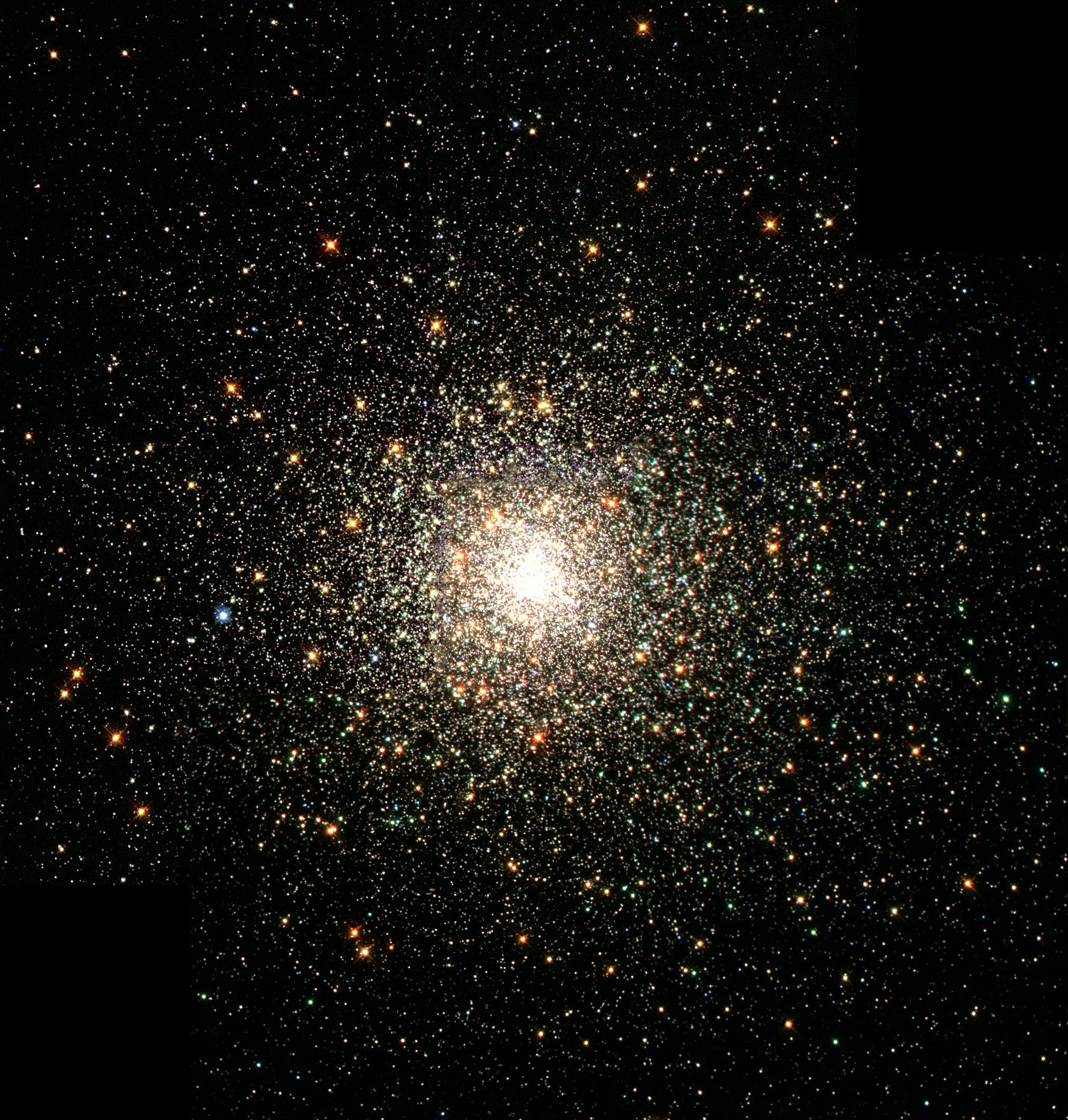 A close-up photo of the bright center of a star cluster.